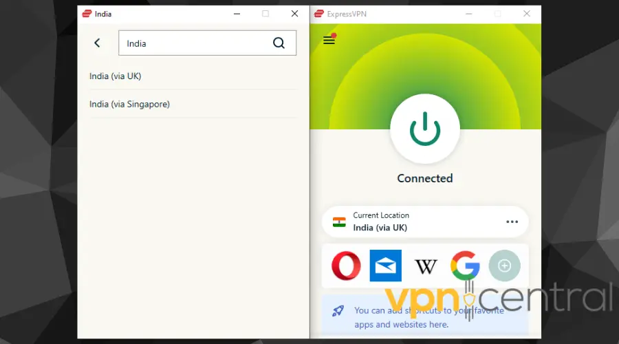 ExpressVPN connected to an Indian server