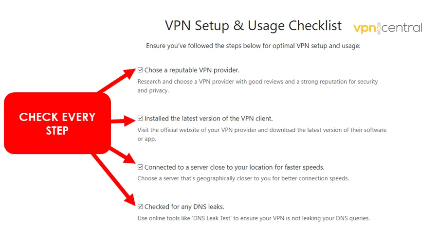 vpn setup check boxes for each step