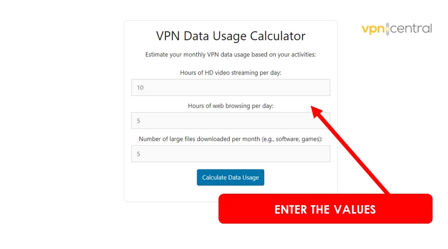enter the values on the vpn data calculator