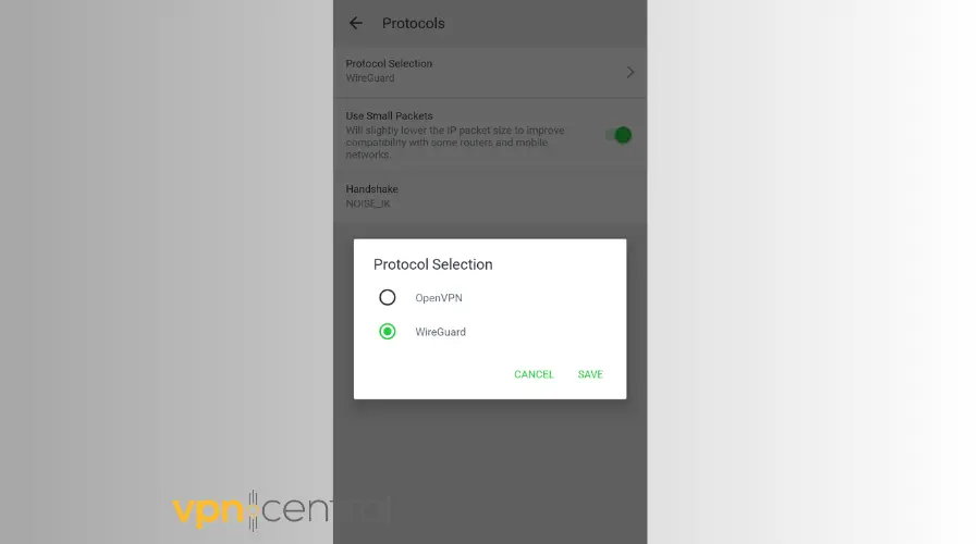 pia protocol options android