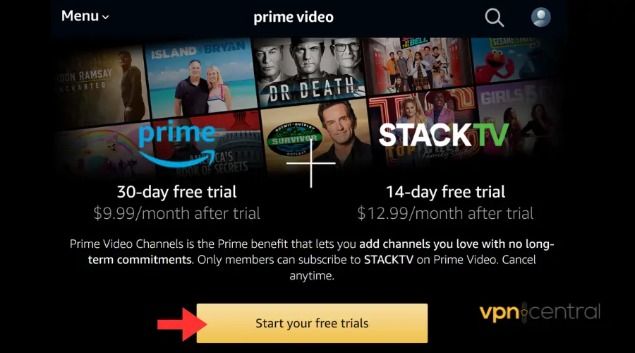 amazon prime plus stack tv sign up page
