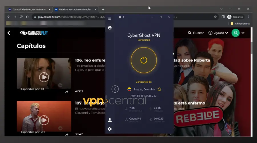 caracol tv working with cyberghost vpn connected to colombia