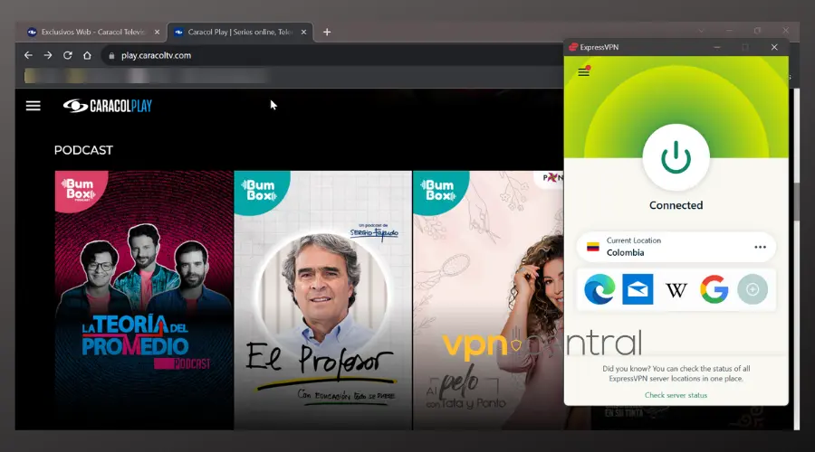 caracol tv working with expressvpn connected to colombia