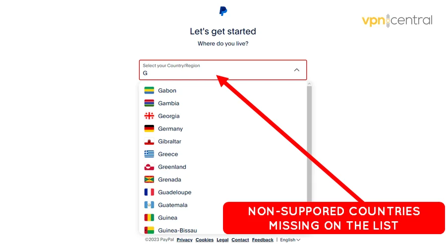 non-supported paypal countries missing on the registration list