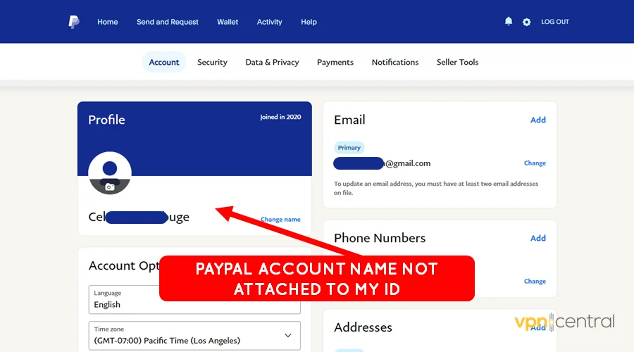 paypal account name not attached to my id