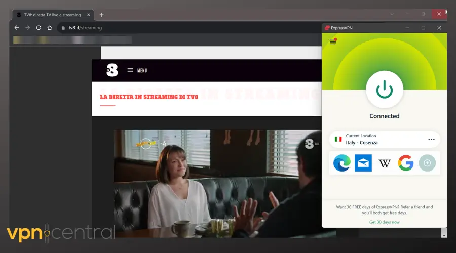 tv8 unblocked with expressvpn connected to italian server