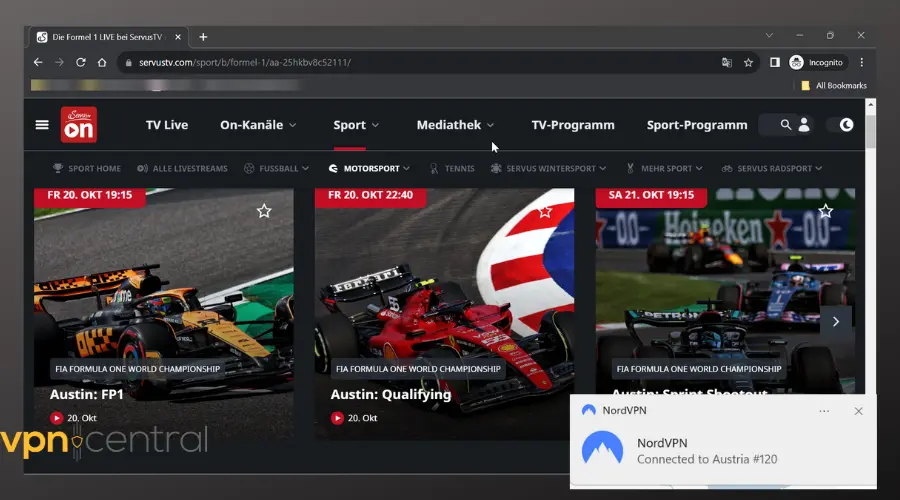 watching formula 1 in the uk on servus tv with vpn
