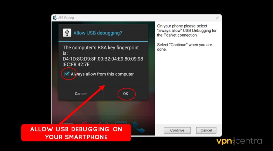 allow usb debugging between your computer and phone
