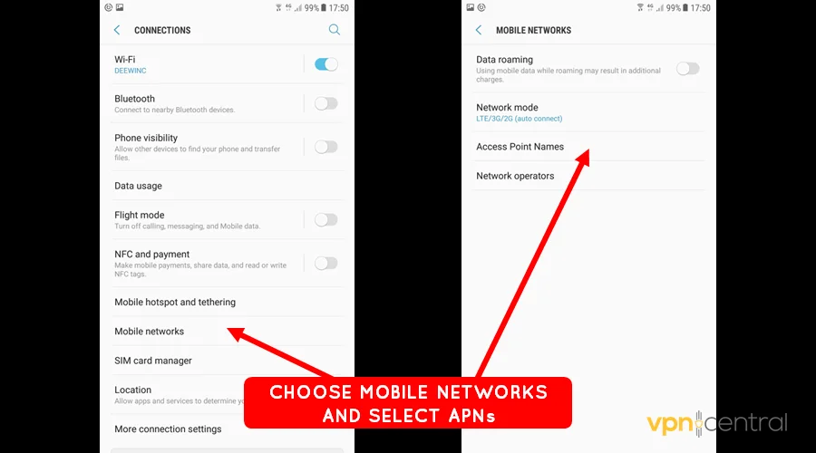 choose mobile networks and select access point names