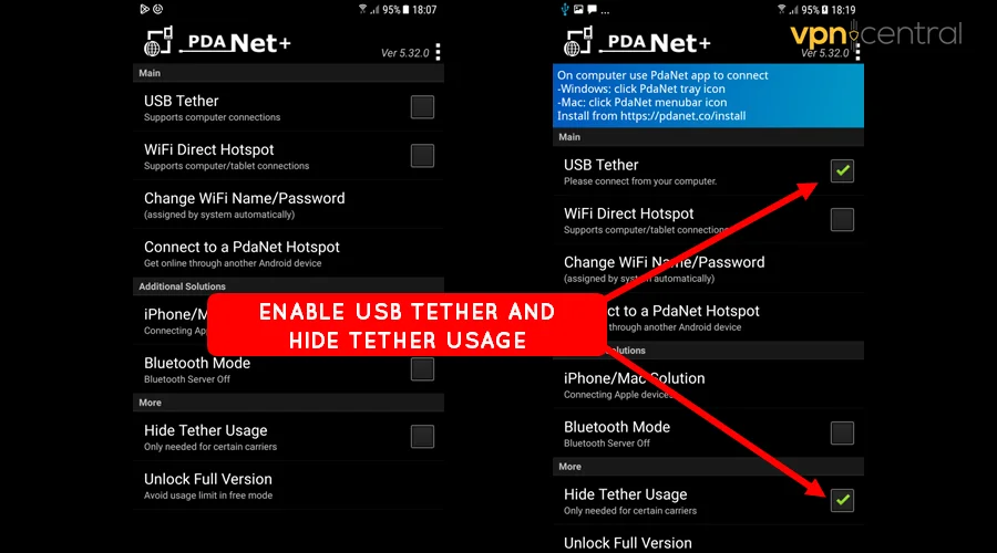 enable usb tether and hide tether usage
