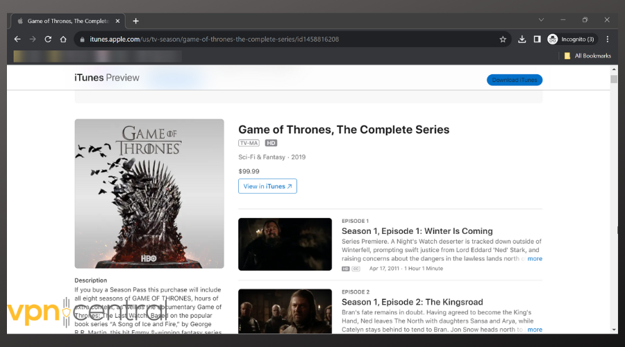 game of thrones on itunes