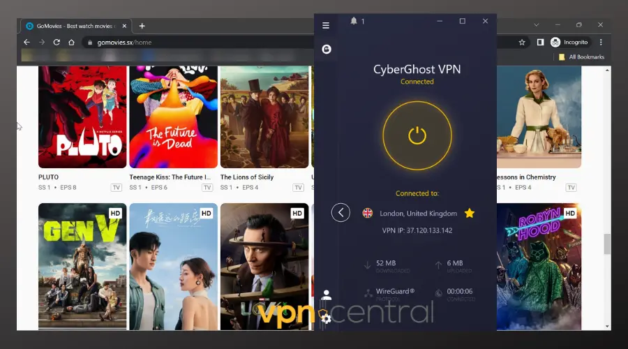 gomovies running with cyberghost vpn connected