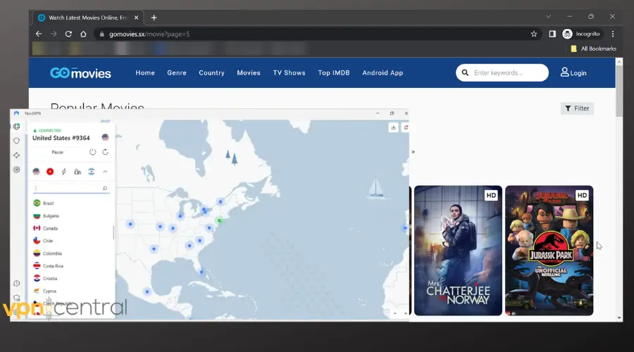 gomovies running with nordvpn connected