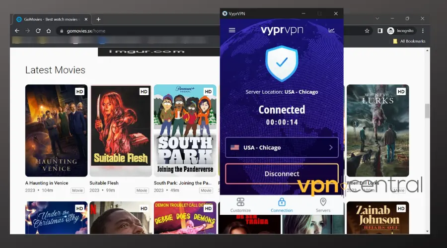 gomovies running with vyprvpn connected