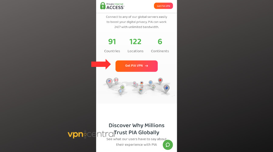 private internet access subscription page on mobile