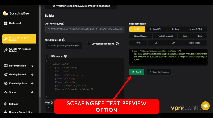scrapingbee test preview option