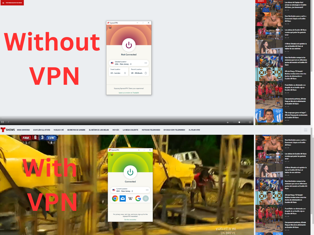 Telemundo with and without VPN