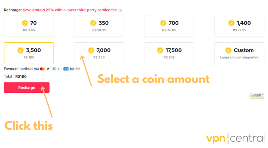 TikTok coin purchase options