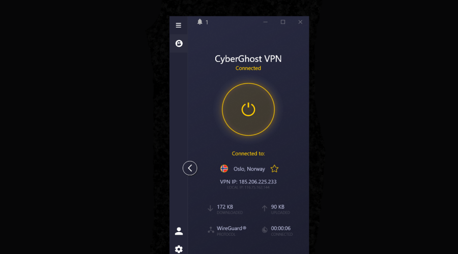 CyberGhost VPN connected to Norway