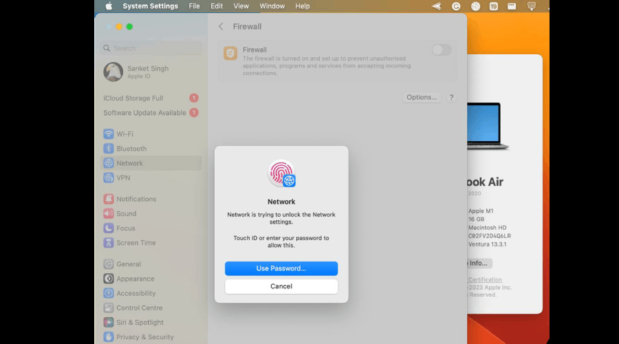 Enter admin password to access firewall setting in macOS
