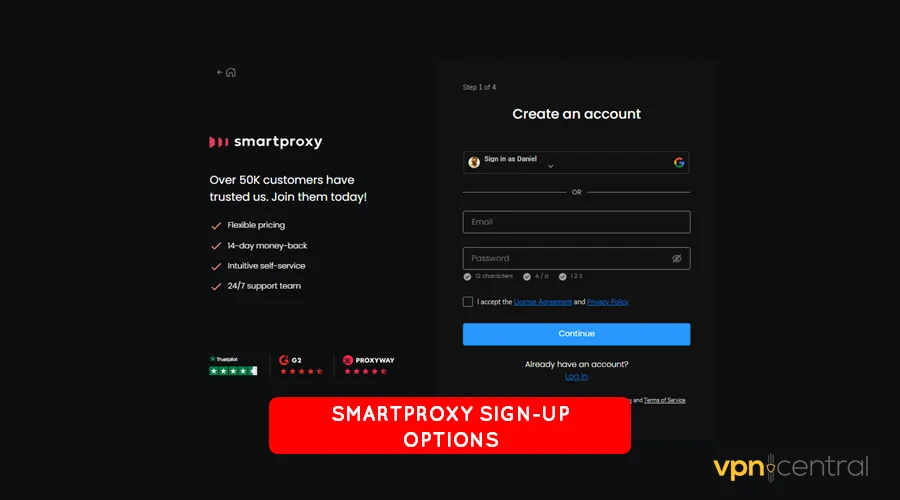 smartproxy sign up options
