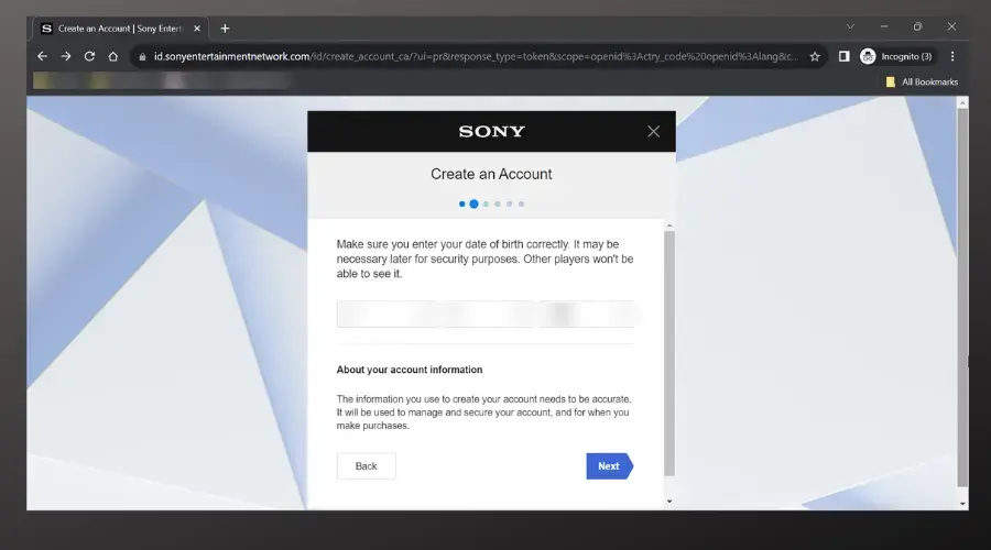 enter date of birth details in sony account sign up