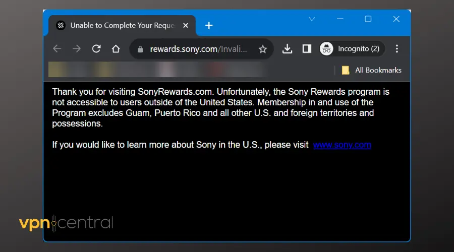 sony rewards geo restriction error