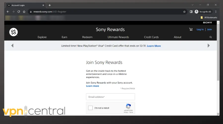 sony rewards sign up page