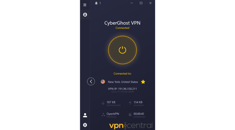 CyberGhost VPN connected to the US server