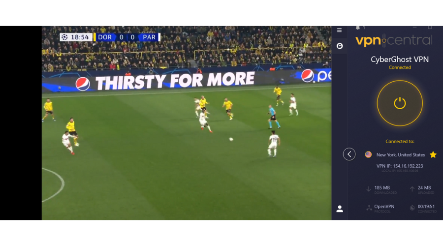 Watching football in ViX using CyberGhost VPN 