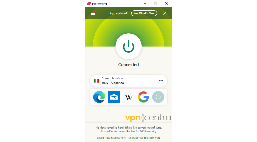 ExpressVPN connected to Italy