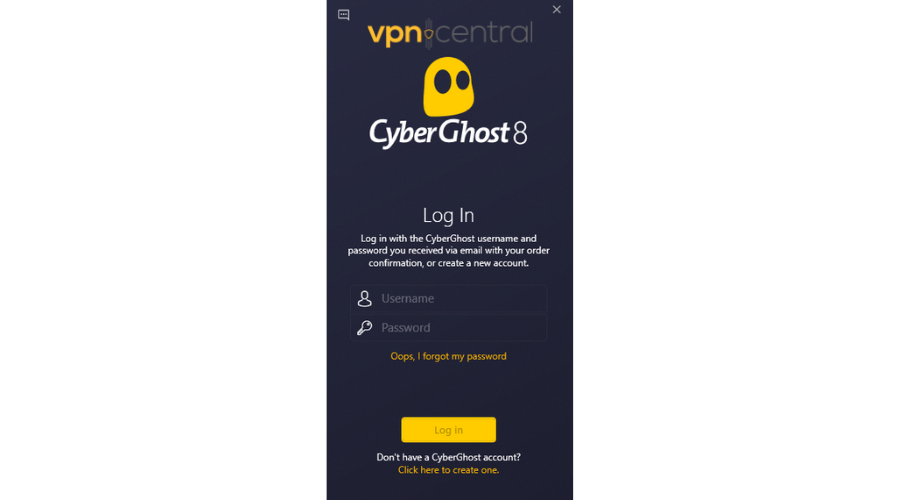 CyberGhost VPN log in.