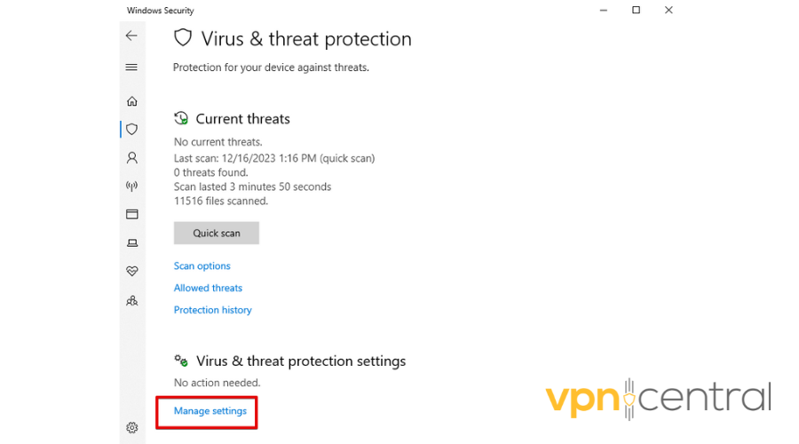 Manage virus & threat protection settings
