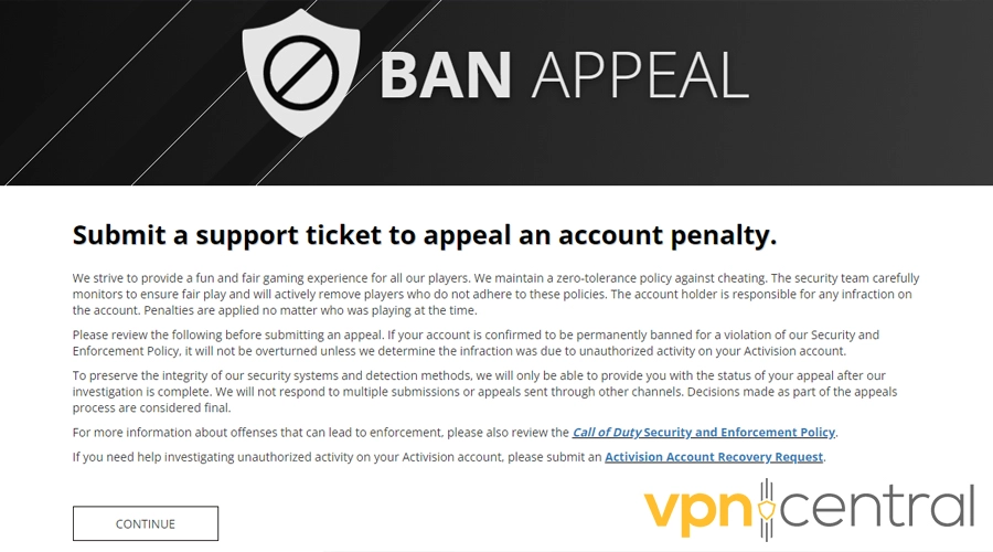 activision ban appeal page