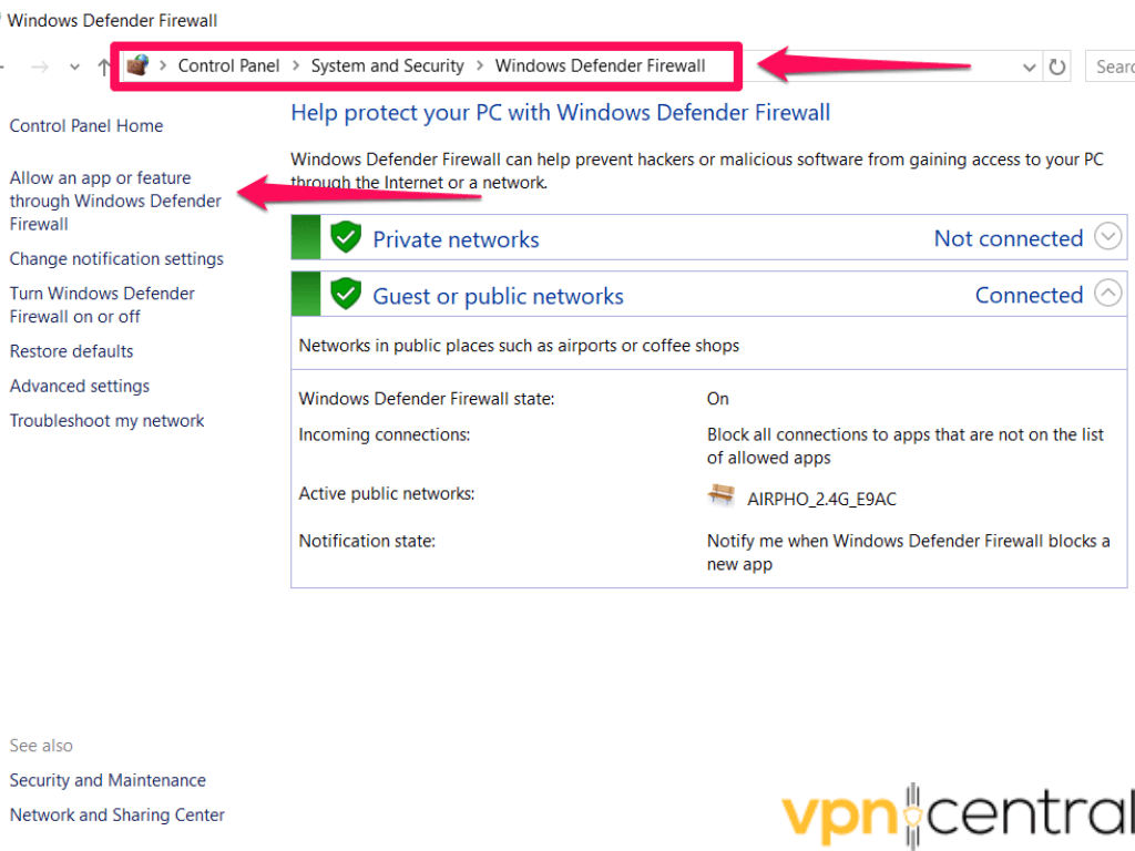 Allowing an app or feature through Windows Defender Firewall