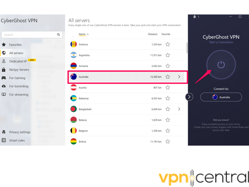 Connecting to an Australian server from the CyberGhost Windows app