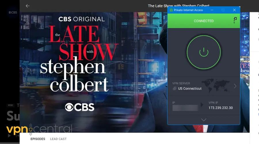 cbs online working abroad with pia vpn connected to us server