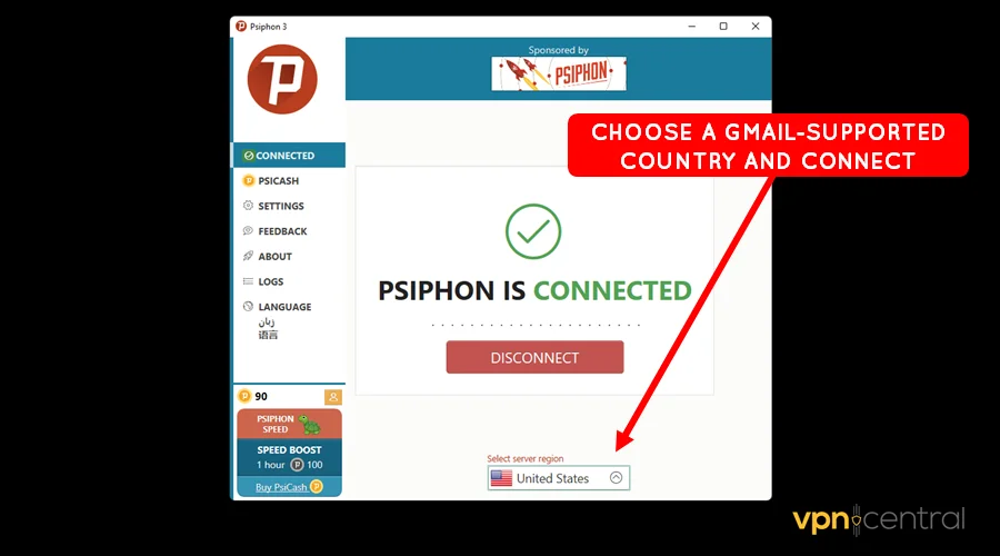 choose a gmail supported country on psiphon