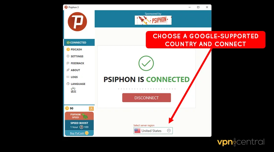 choose a google supported country on psiphon