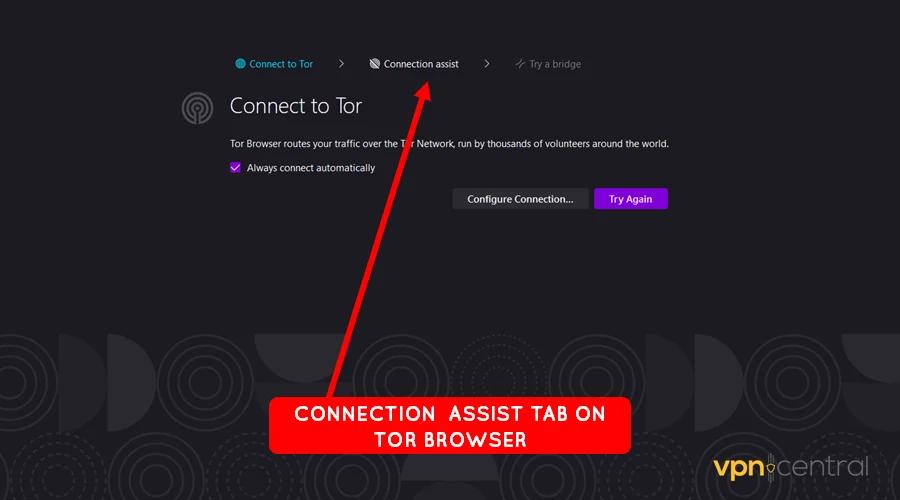 choose connect assist tab on tor browser