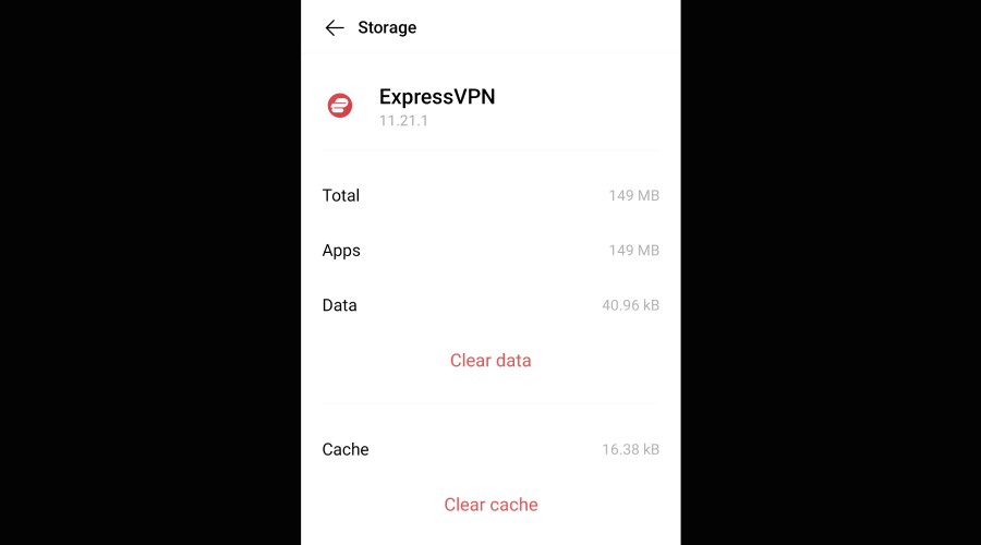 Clear data and Clear cache options for ExpressVPN on Android app.