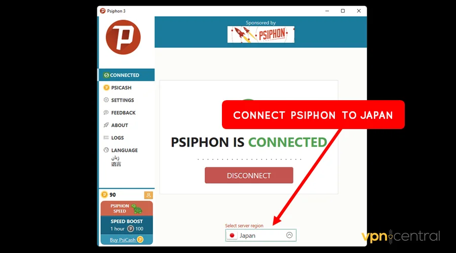 connect psiphon to japan