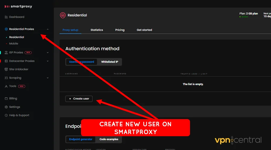 create a new user on smartproxy