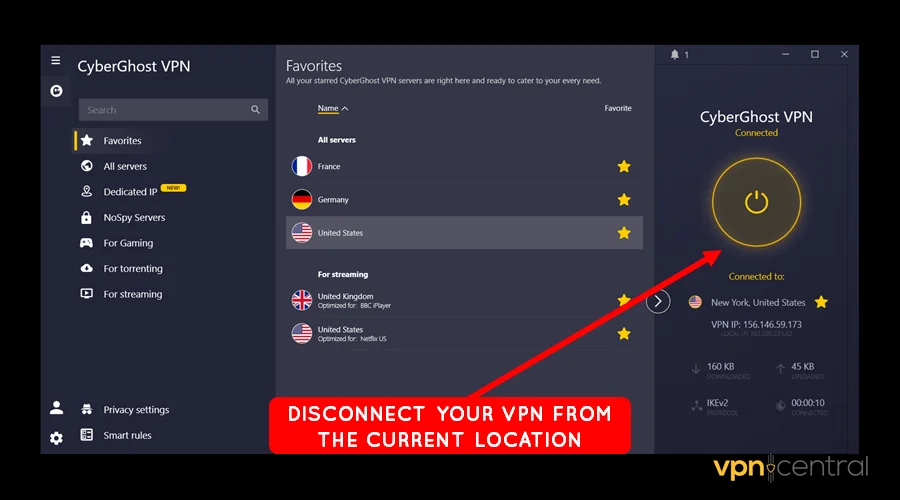 disconnect vpn from the current location
