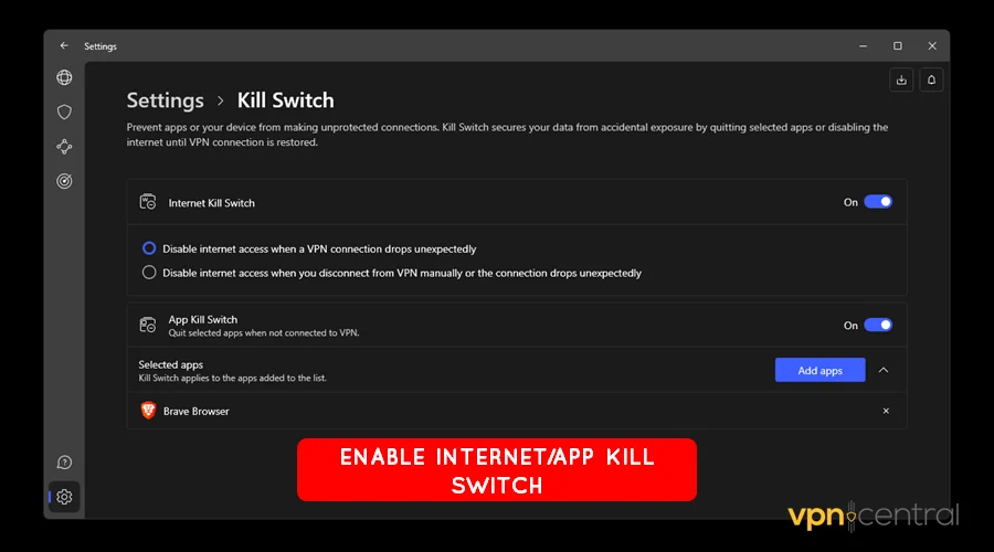 enable internet and app kill switch