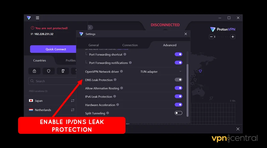 enable ip/dns leak protection on your ip