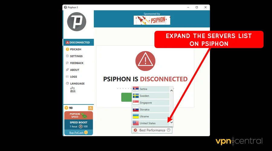 expand the servers list on psiphon