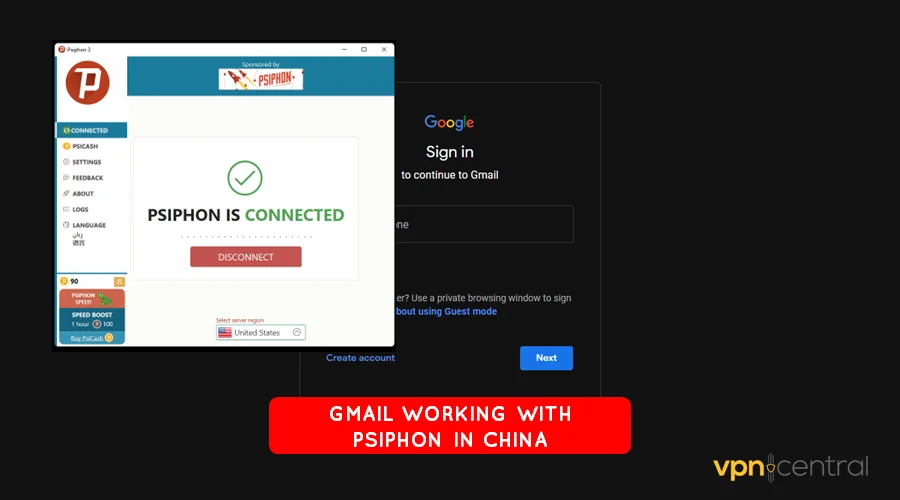 gmail workign with psiphon in china