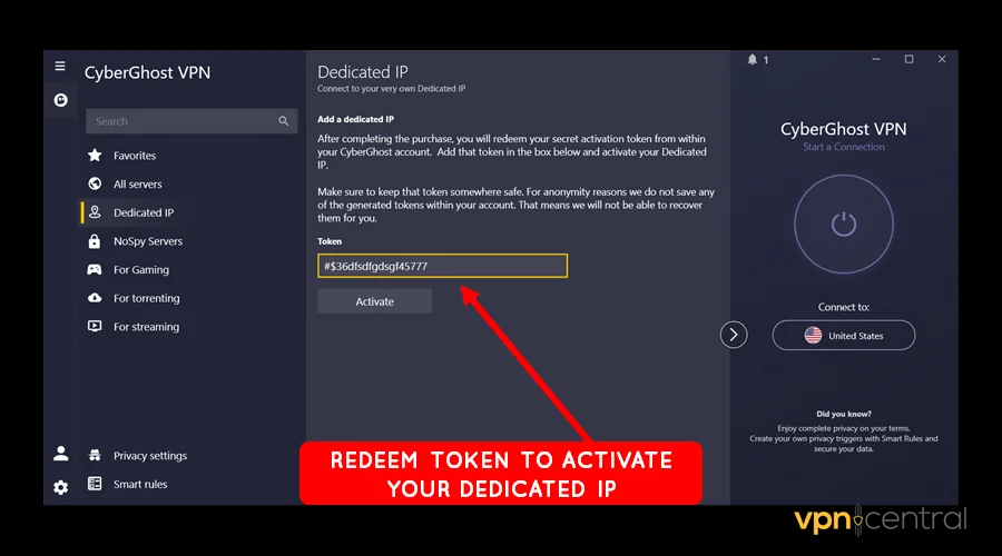 redeem token on cyberghost to activate your dedicated ip