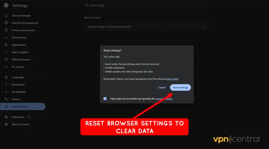 reset browser to clear all data